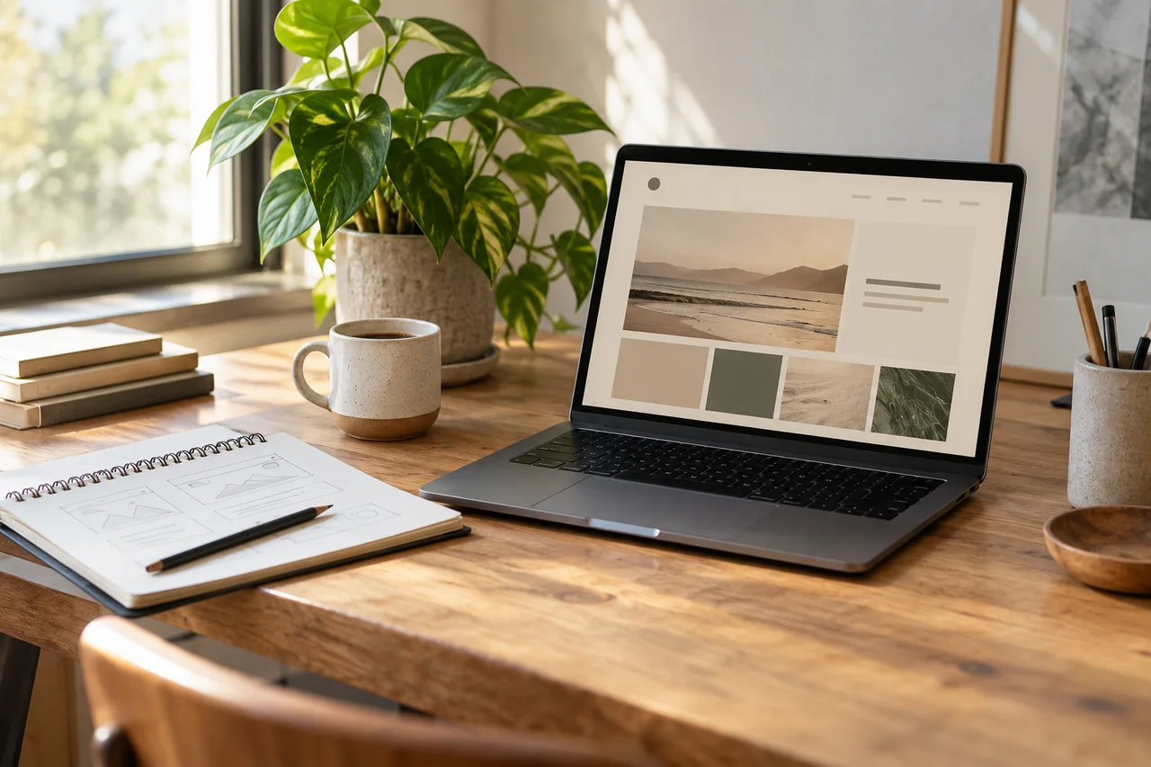 Mesa de trabajo con un portátil para preparar una página web