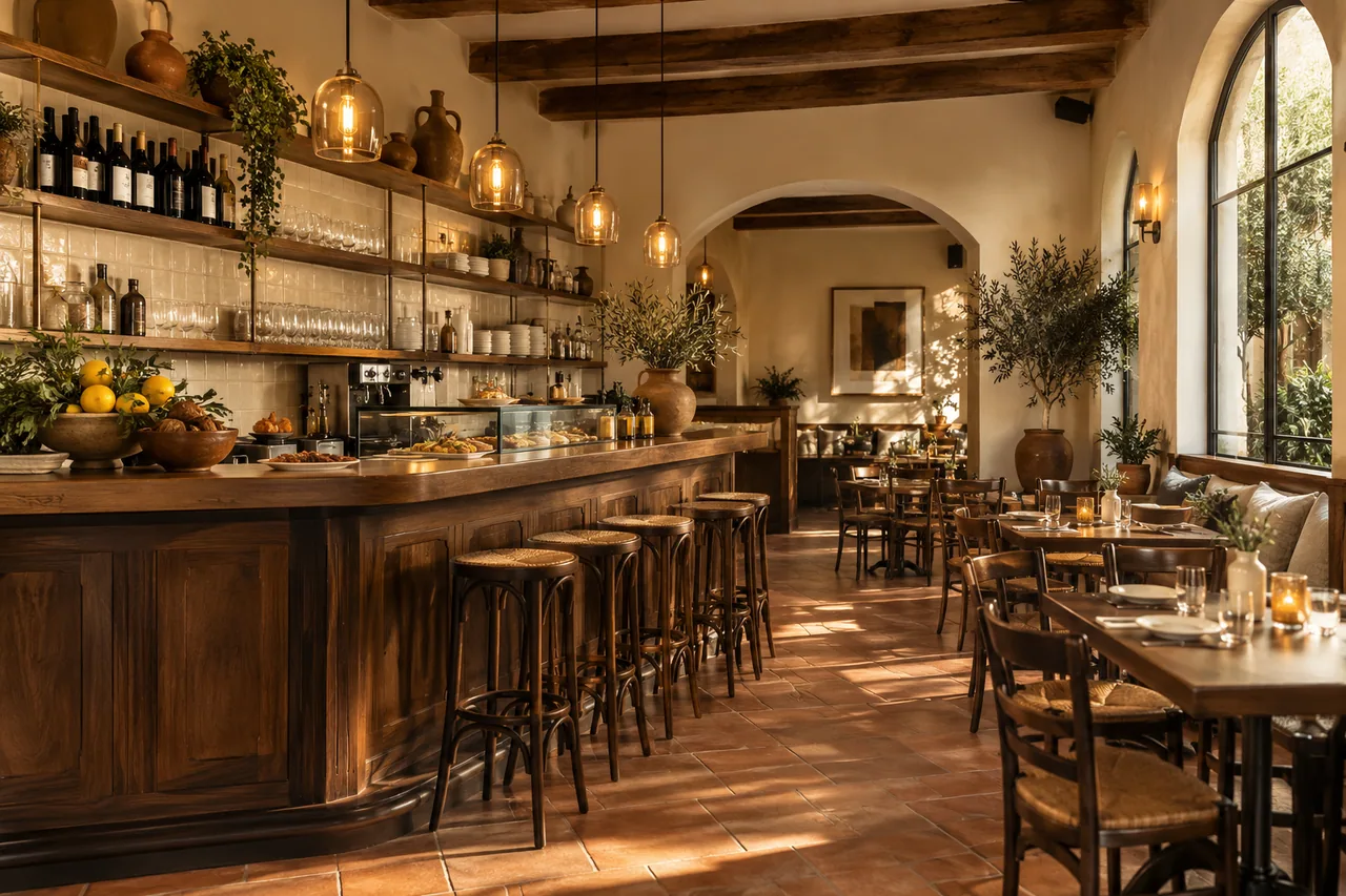 Taberna ficticia con barra de madera, azulejos y luz cálida