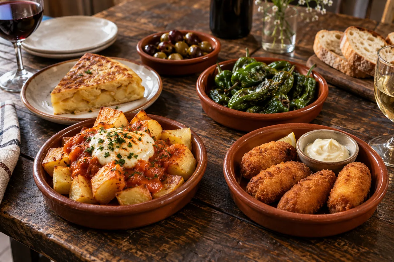 Tapas ficticias de patatas, croquetas, tortilla y pimientos