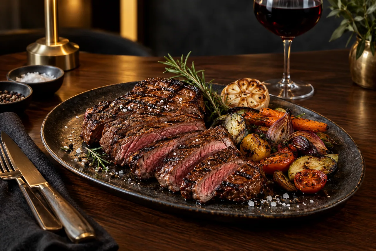 Corte de carne a la parrilla ficticio con verduras asadas y hierbas