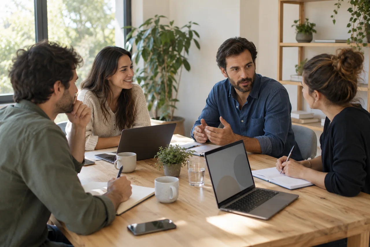 Personas revisando una propuesta de trabajo alrededor de una mesa