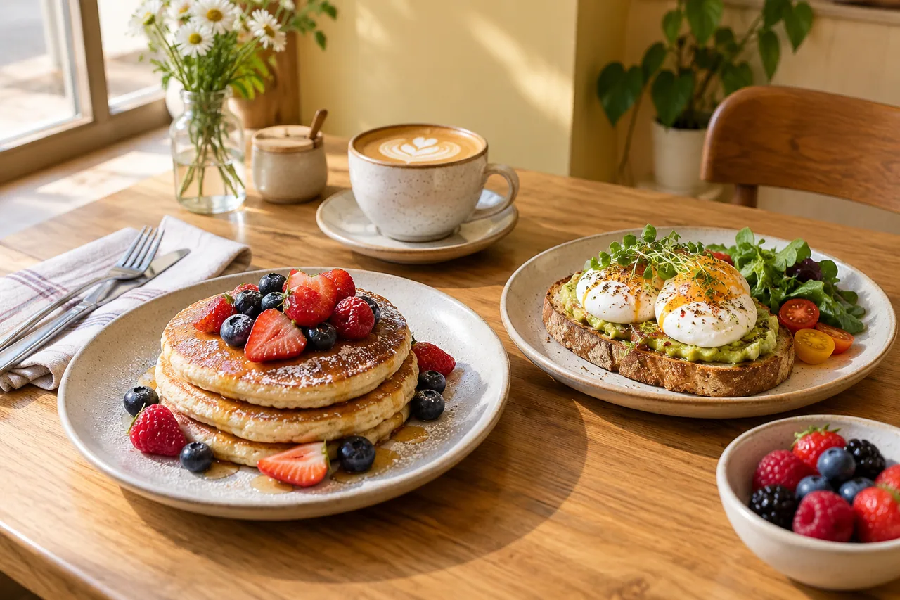 Mesa de brunch ficticia con pancakes, tostada y cappuccino