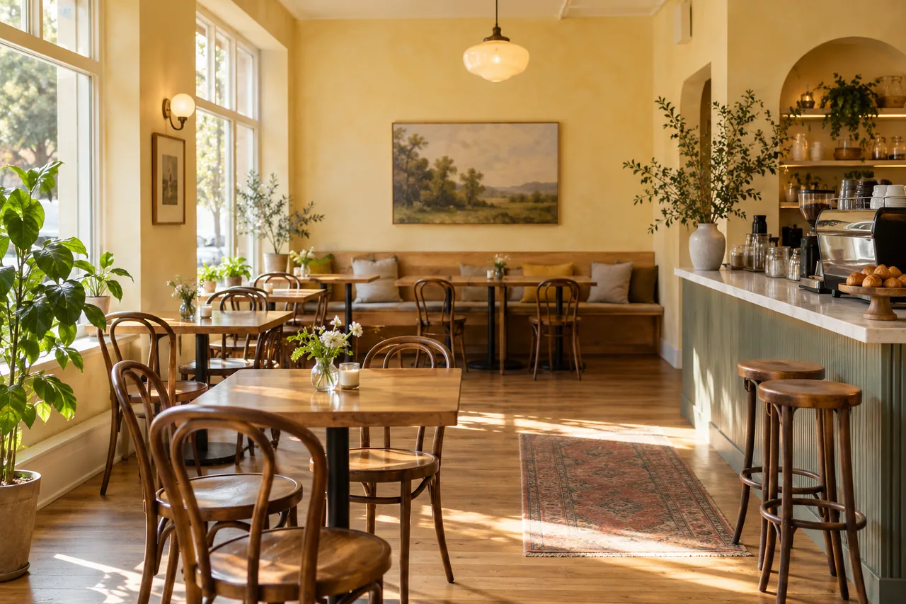 Cafetería ficticia luminosa con mesas de madera y detalles amarillos