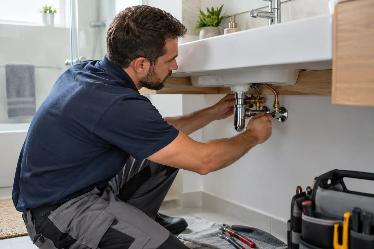 Profesional de fontanería trabajando en una instalación doméstica