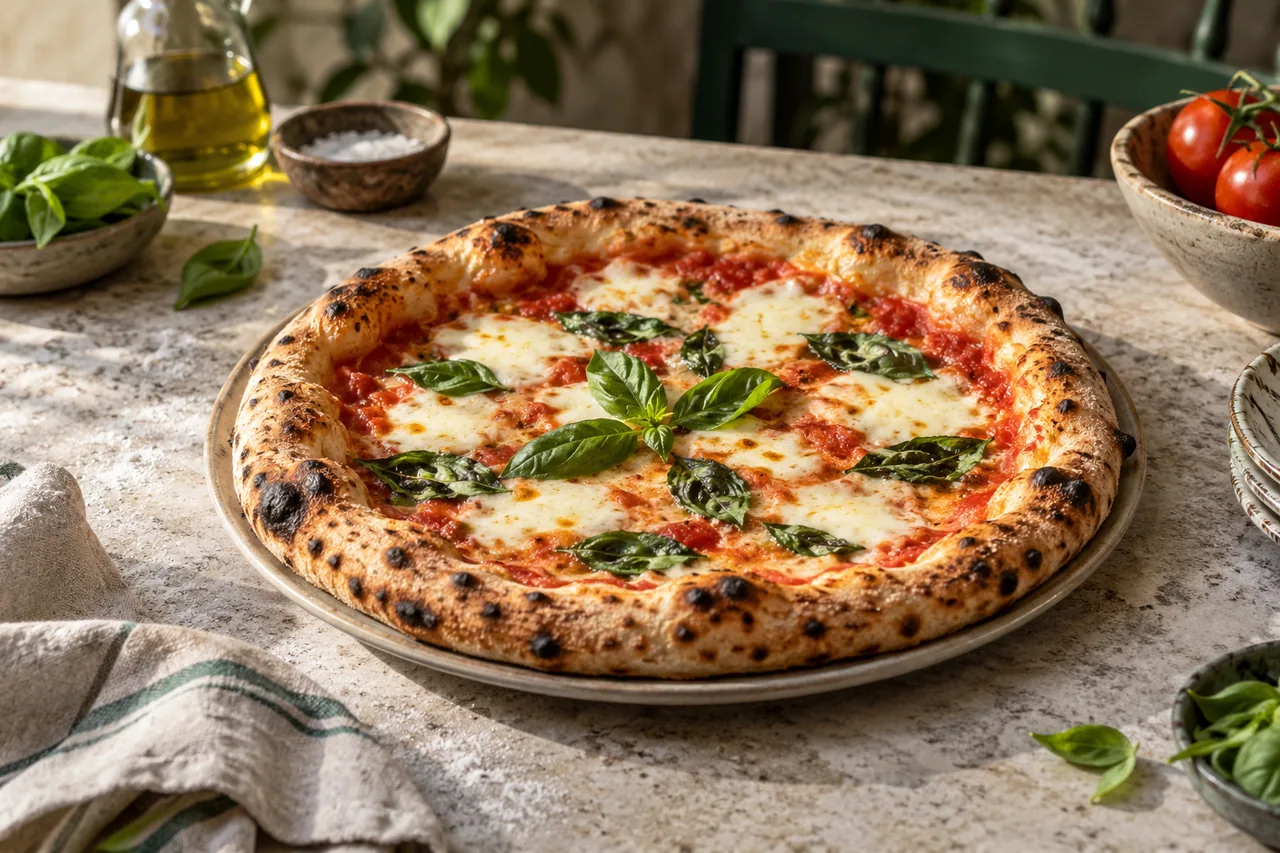 Pizza margherita de demostración con tomate, mozzarella y albahaca