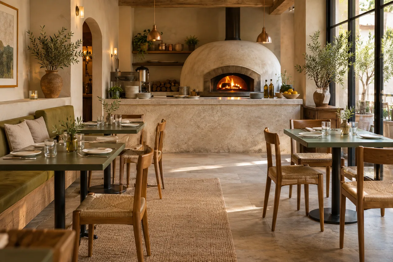 Interior ficticio de una pizzería con horno y mesas verdes
