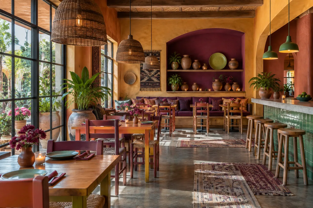 Taquería ficticia con tonos terracota, cerámica y mesas de color