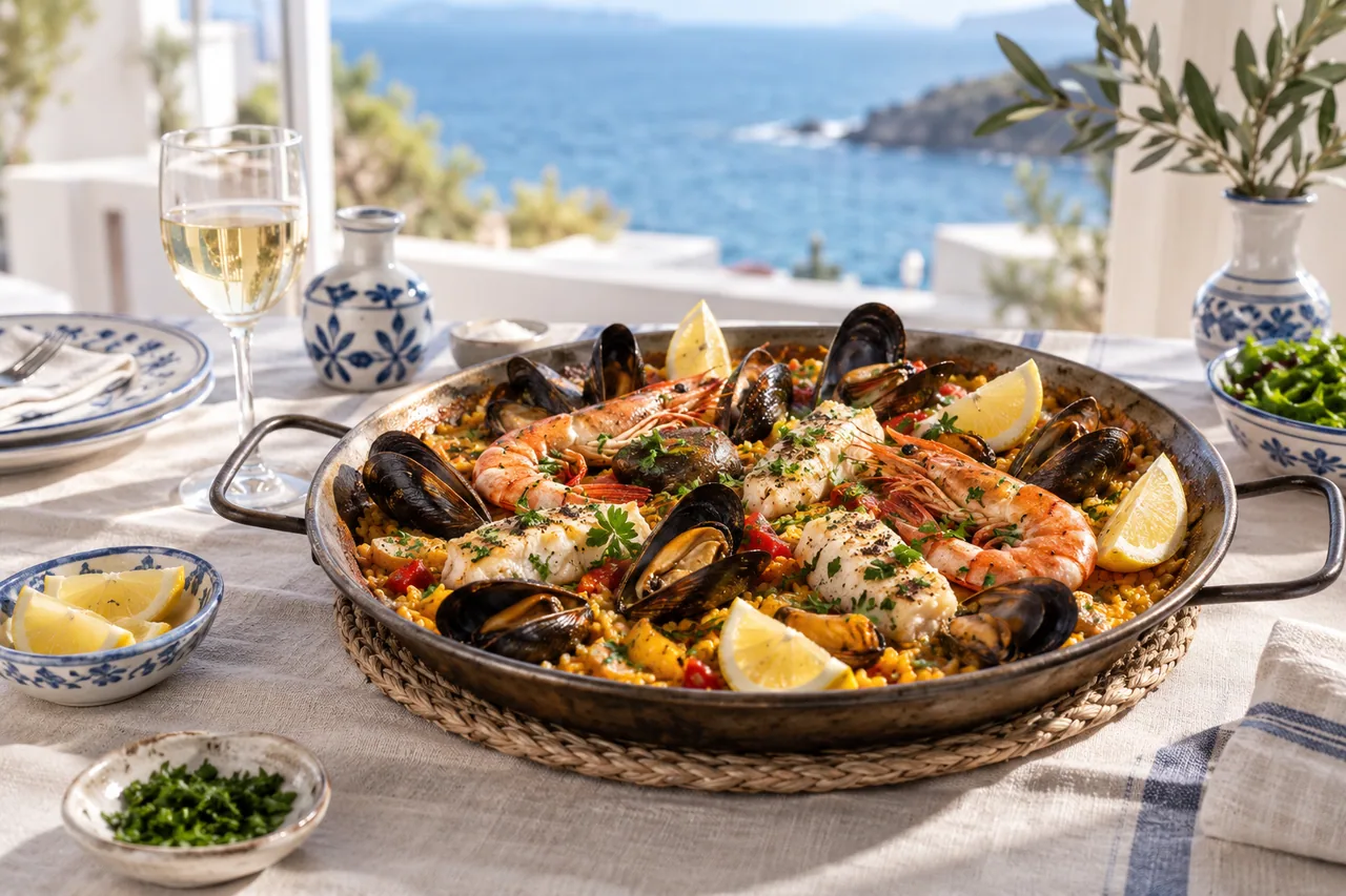Arroz de marisco ficticio con langostinos, mejillones y limón