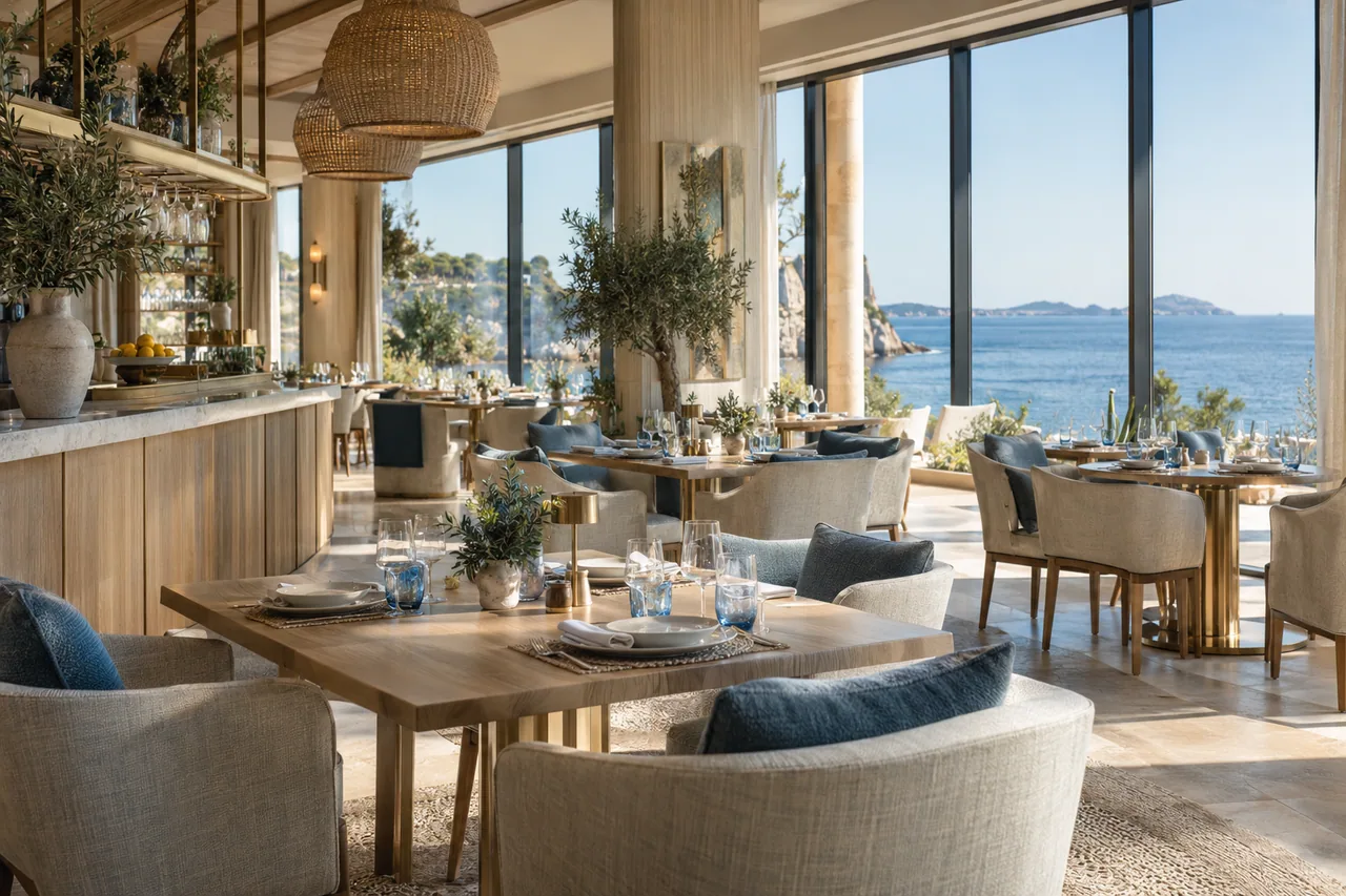 Restaurante costero ficticio con madera clara, lino y vistas al mar