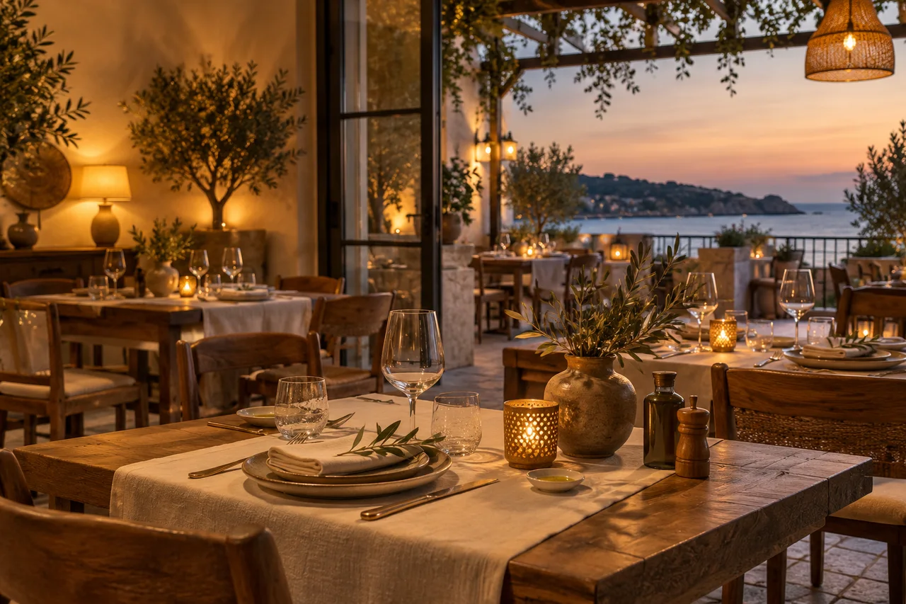 Interior de restaurante con mesas preparadas y luz cálida