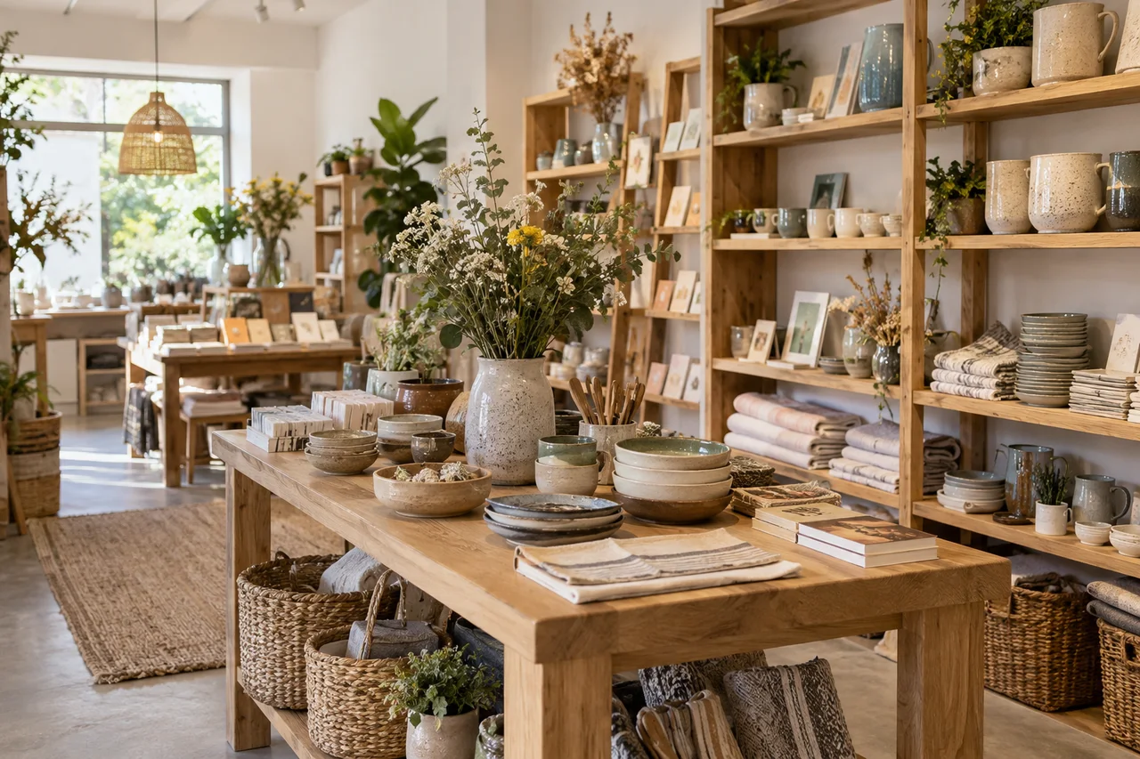 Interior de una tienda con productos organizados en estanterías