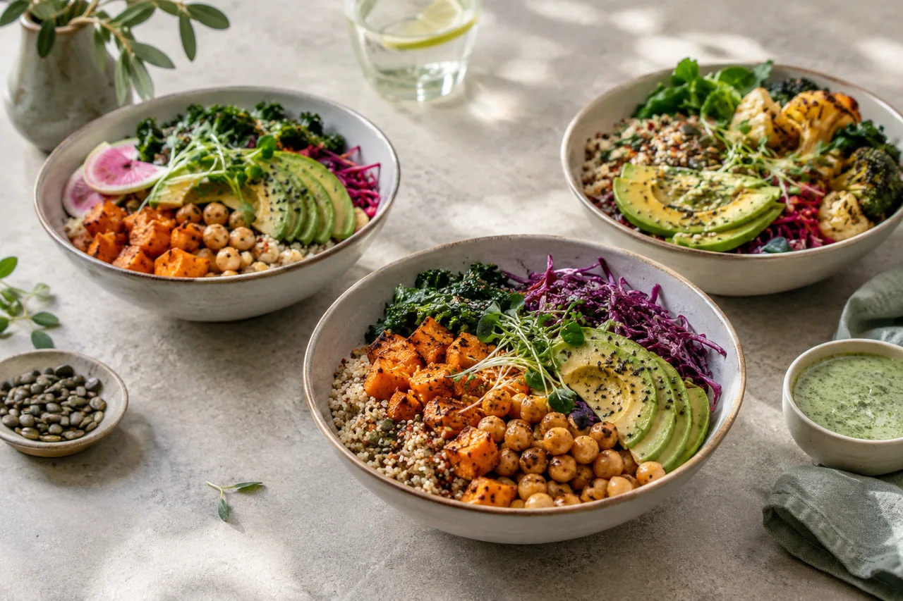 Bowls ficticios con verduras asadas, aguacate, garbanzos y quinoa
