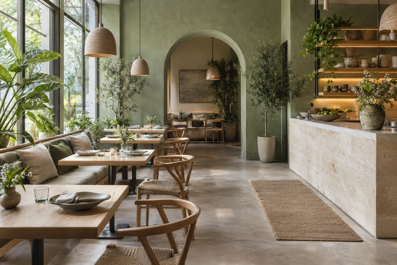 Restaurante vegetal ficticio con luz natural y paredes verde salvia